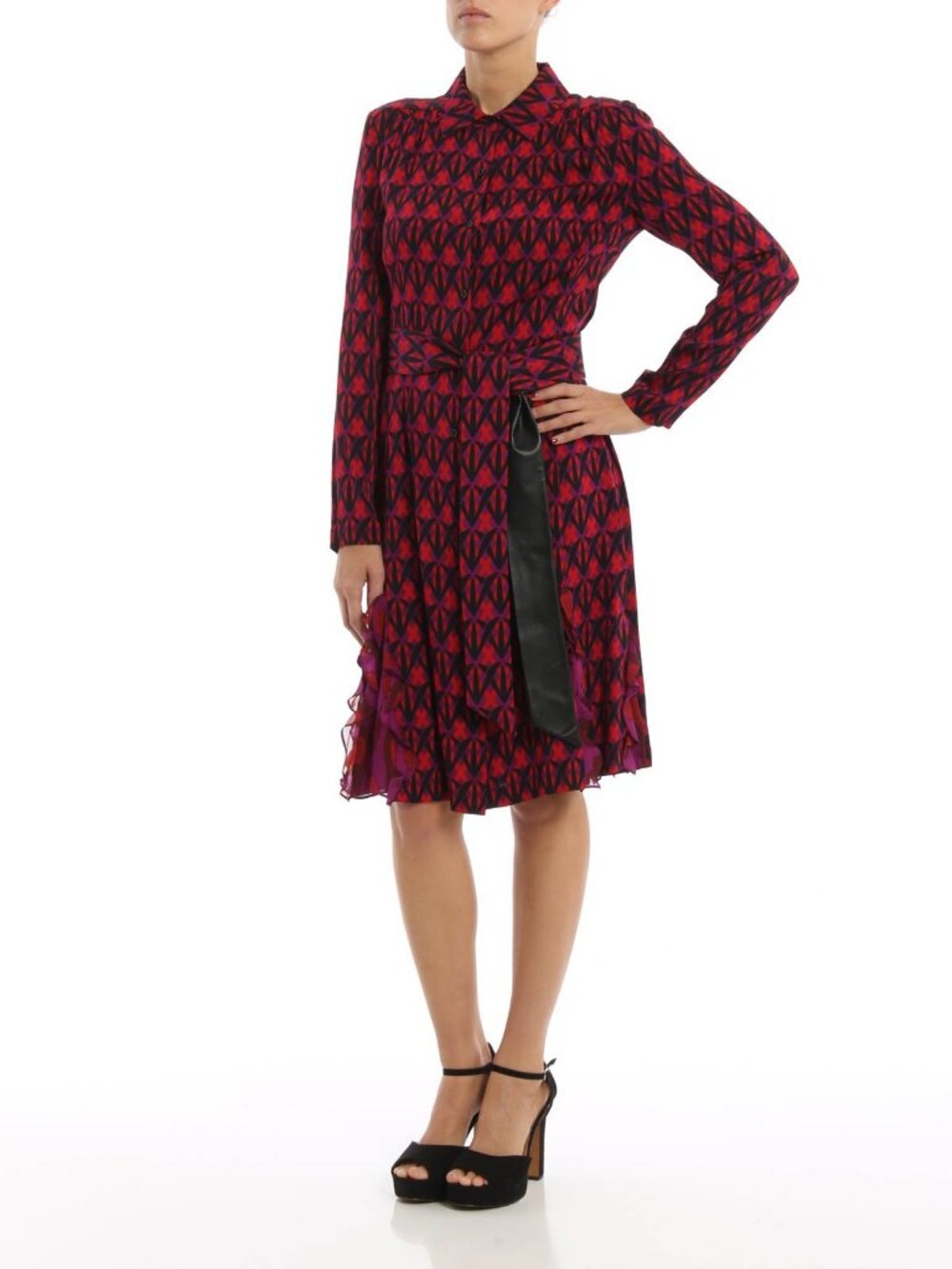 DVF Catherine Belted Silk Shirt Dress Leather Tie Belt Ruffle Hem Purple Size 4